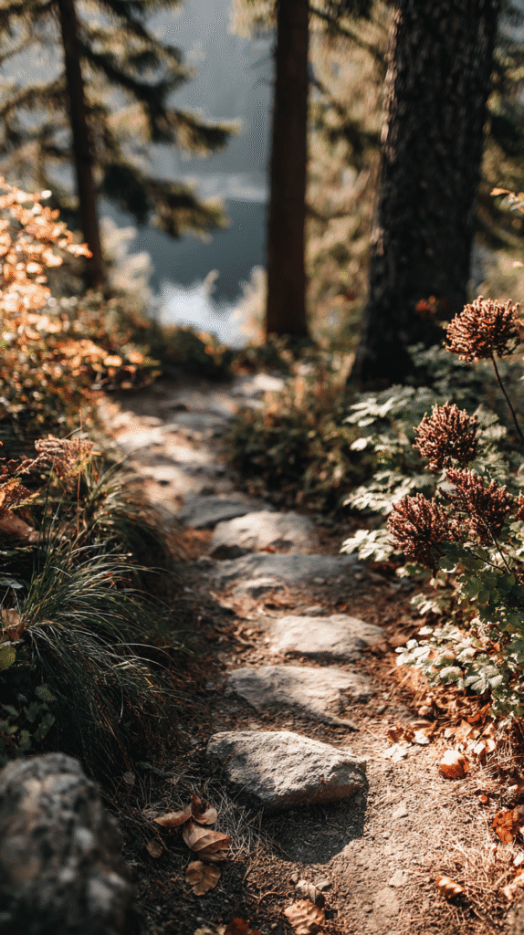 Stone path in a sunlit forest with greenery and autumn leaves, leading to a serene blurred background.
