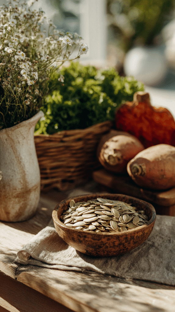 Bowl of pumpkin seeds with sweet potatoes, flowers, and greenery in a rustic setting.