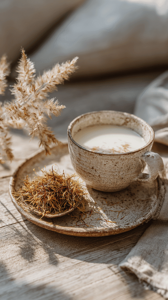 Ceramic cup with saffron milk and dry grass decor on rustic wooden table in sunlight.