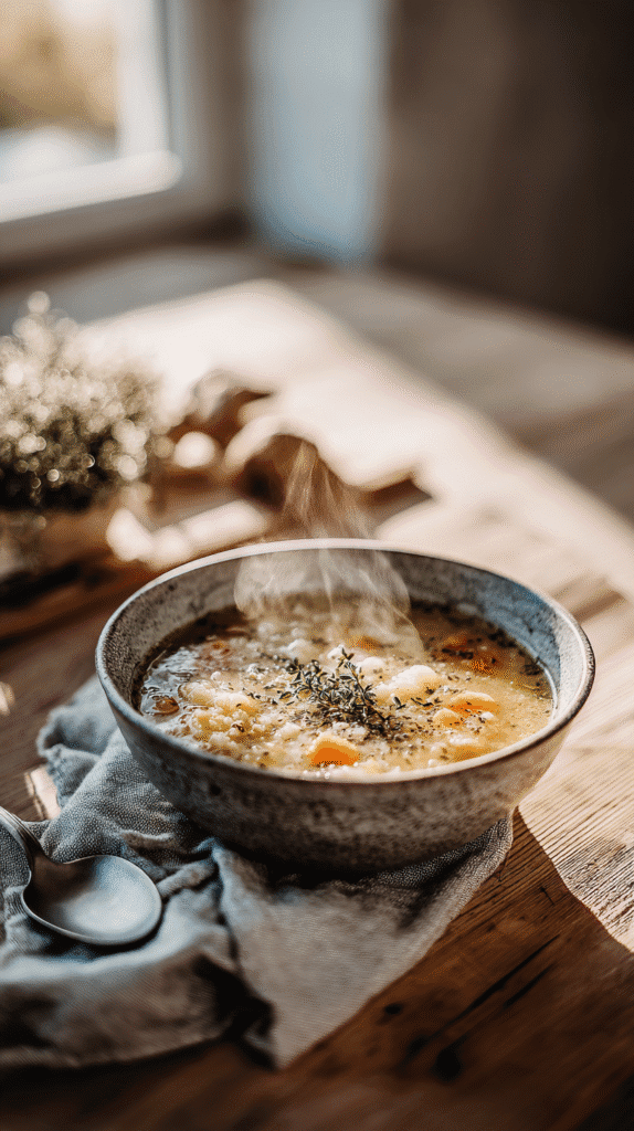 Steaming bowl of creamy vegetable soup with herbs on a wooden table, bathed in warm natural light.
