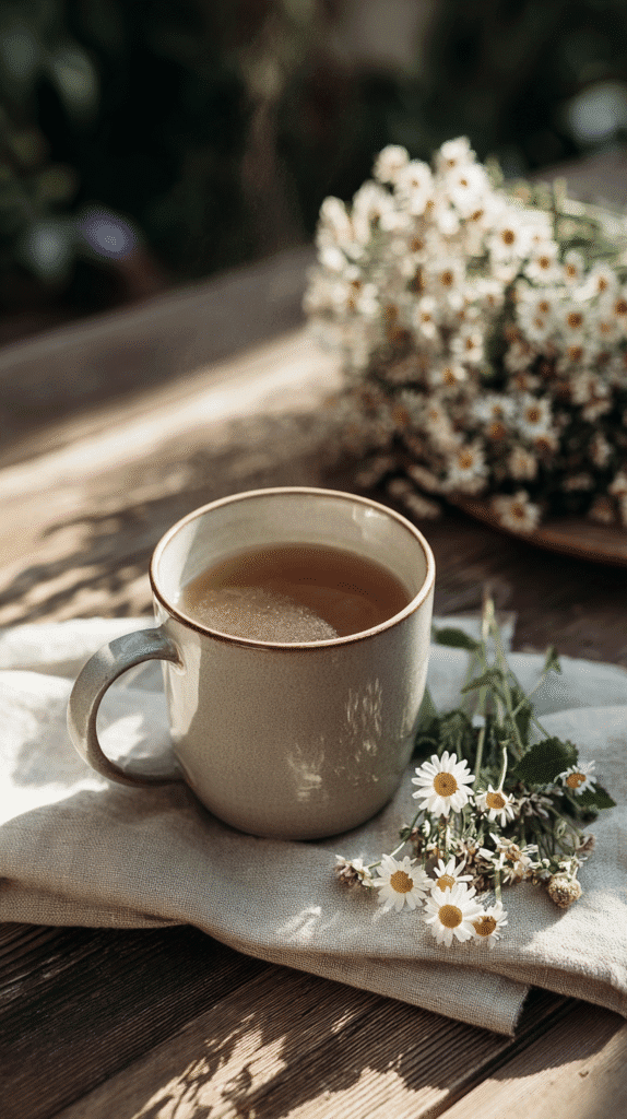 Cup of chamomile tea on a wooden table with fresh chamomile flowers, creating a cozy natural ambiance.