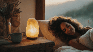 Cozy bedroom with a glowing Himalayan salt lamp, sleeping woman, and rustic decor for a serene atmosphere.