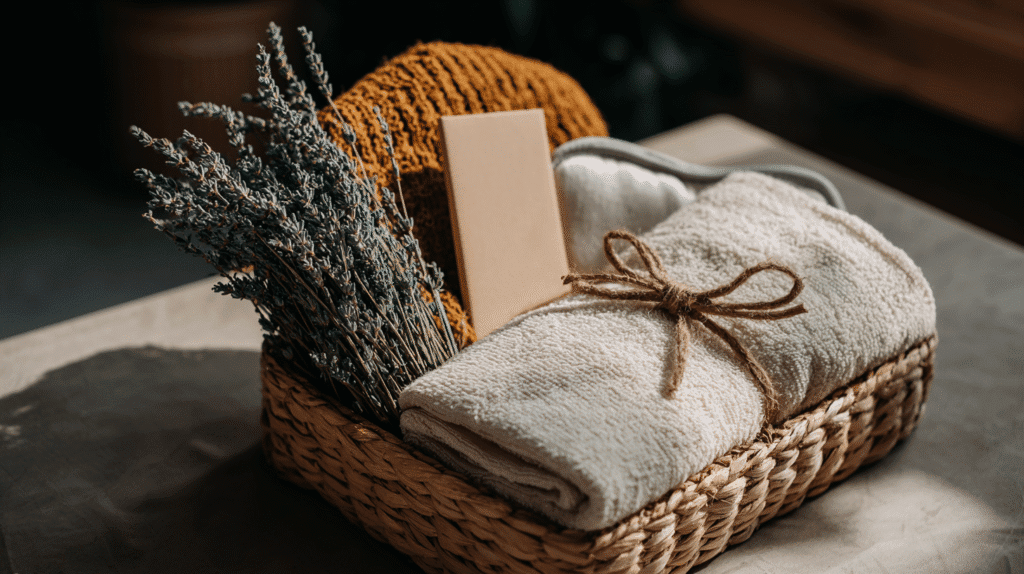 Woven basket with lavender, a bar of soap, and rolled towels on a table, creating a cozy, spa-like ambiance.