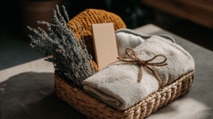 Woven basket with lavender, a bar of soap, and rolled towels on a table, creating a cozy, spa-like ambiance.