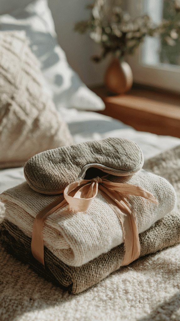 selfcare-gift-basket-blankets Cozy folded towels and sleep mask tied with a ribbon on a bed, creating a relaxing bedroom vibe.