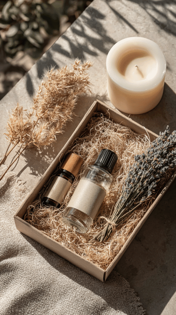 selfcare-gift-basket-oils-candle Aromatherapy gift set with essential oils, lavender, and candle on rustic surface for relaxation and wellness.