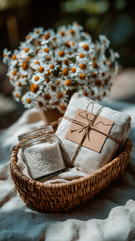 selfcare-gift-basket-salts Gift basket with a jar of sea salt, linen cloth, and chamomile flowers, perfect for relaxation or spa days.