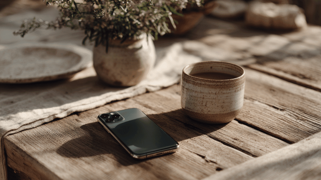 Smartphone and coffee mug on rustic wooden table with flowers. Cozy home office setup.