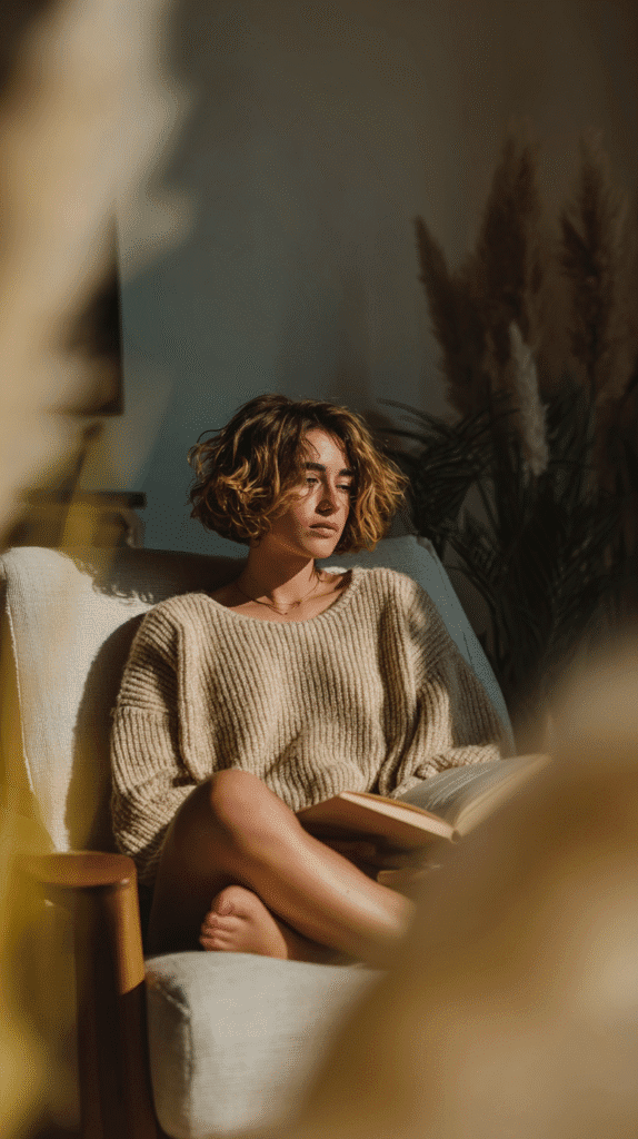 social-media-break-lost-touch Woman in cozy sweater relaxing on a chair with a book, enjoying warm afternoon light indoors.