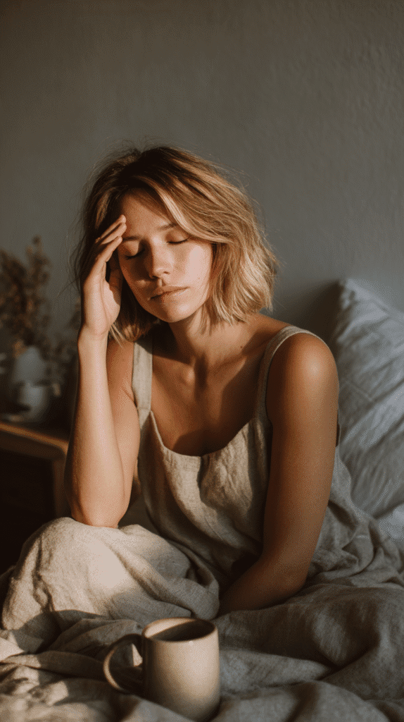 social-media-break-tired Woman in bed with headache, morning sunlight, beige linen clothes, mug nearby, relaxed and pensive expression.