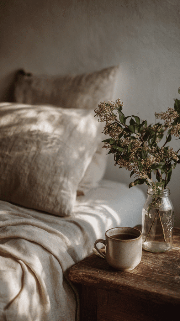 social-media-break-wake-up Cozy bedroom scene with linen bedding, flowers in a vase, and a coffee cup on a rustic wooden table.