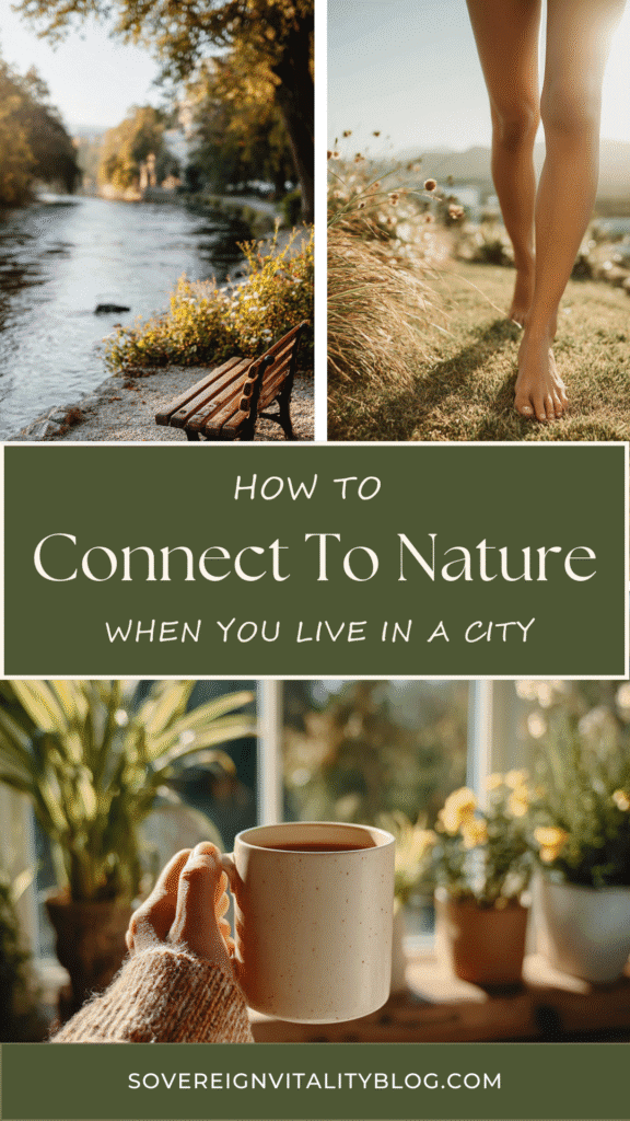 Connect to nature in the city: peaceful river, barefoot in grass, enjoying coffee by plants.