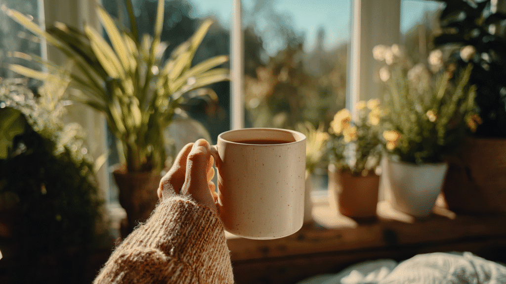 Cozy morning with coffee mug in hand, surrounded by lush potted plants by a sunny window.