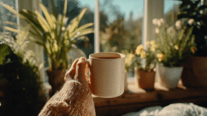 Cozy morning with coffee mug in hand, surrounded by lush potted plants by a sunny window.