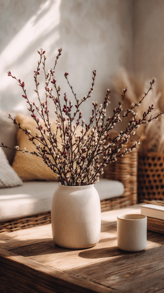 Cozy living room with a vase of pussy willow branches on a wooden table, sunlit and inviting.