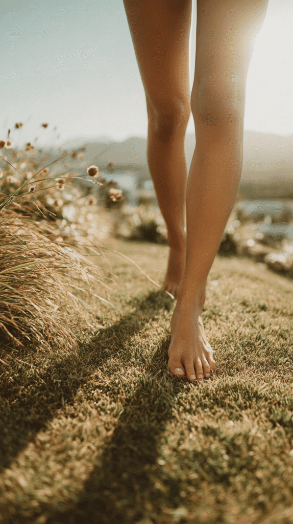 Barefoot person walking on sunlit grass surrounded by flowers, capturing a serene outdoor moment.