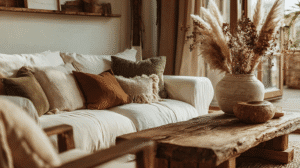 Cozy living room with white couch, earthy pillows, wooden table, and pampas grass decor in a rustic vase.