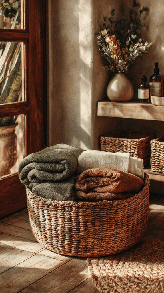 Woven basket with folded towels in warm-toned, cozy bathroom. Natural decor and sunlight create a serene atmosphere.