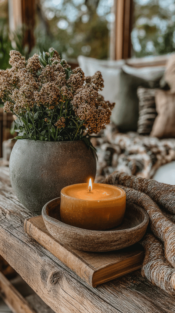 Cozy wooden table with a lit candle, decorative vase, and soft blanket for a warm autumn ambiance.