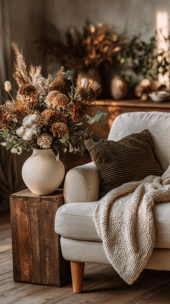 Cozy living room with autumn floral arrangement, neutral couch, green pillow, and knitted blanket in warm sunlight.