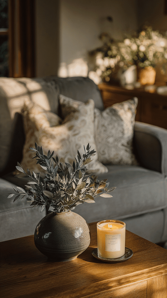 Cozy living room with lit candle and plant on wooden table, soft sofa in background. Tranquil and inviting atmosphere.
