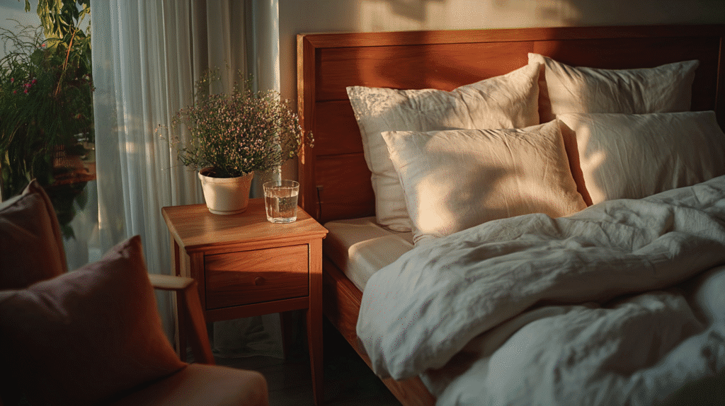 Cozy bedroom with wooden headboard, soft pillows, and a bedside table with a potted plant and glass of water.