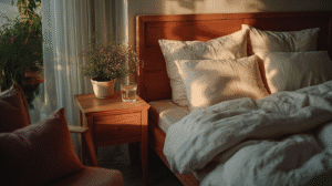 Cozy bedroom with wooden headboard, soft pillows, and a bedside table with a potted plant and glass of water.