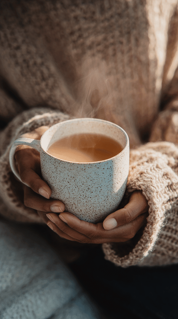 Cozy hands holding a steaming coffee mug, wrapped in a knitted sweater for warmth.