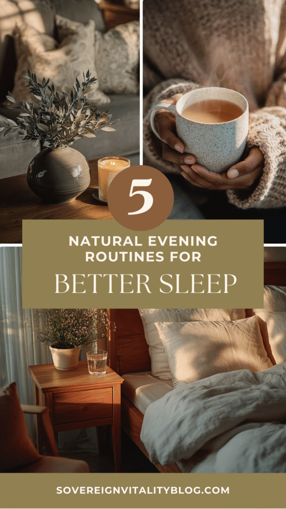 Cozy bedroom setup with tea and candle, promoting 5 natural evening routines for better sleep.