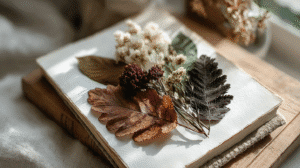 Assorted dried leaves and flowers on open book pages, creating a rustic and artistic display in soft natural light.