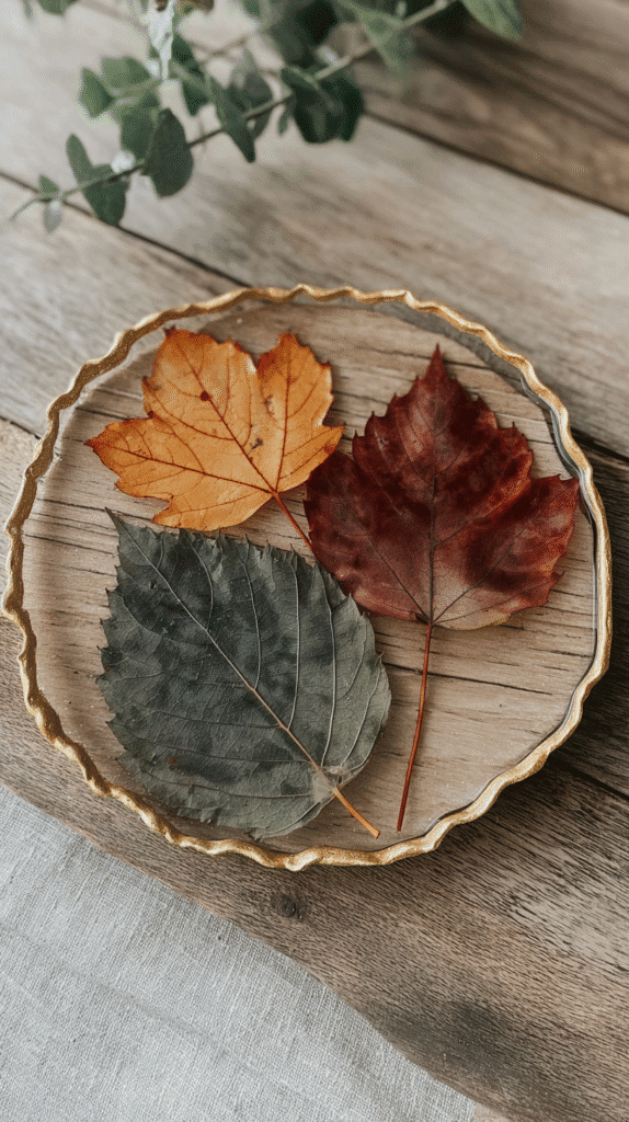 Decorative plate with three autumn leaves in orange, red, and green shades on a rustic wooden table background.