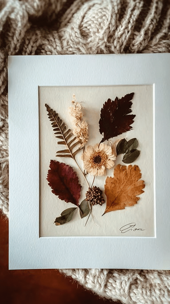 Framed pressed flowers and leaves on cozy knit background, creating a rustic autumn decor vibe.