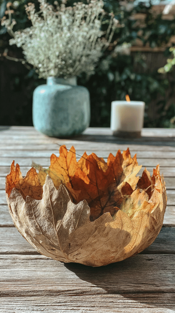 Handcrafted leaf bowl on rustic table with candle and vase in background. Autumn decor in natural light.