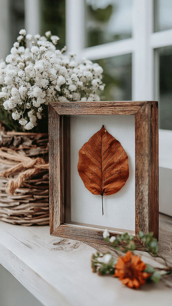 Framed dried leaf with white flowers in wicker vase decorates a sunlit windowsill.