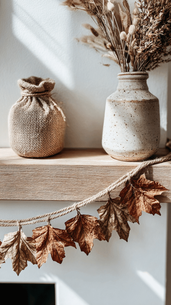 Rustic shelf with dried plants in a vase and burlap bag, decorated with autumn leaf garland for fall decor.