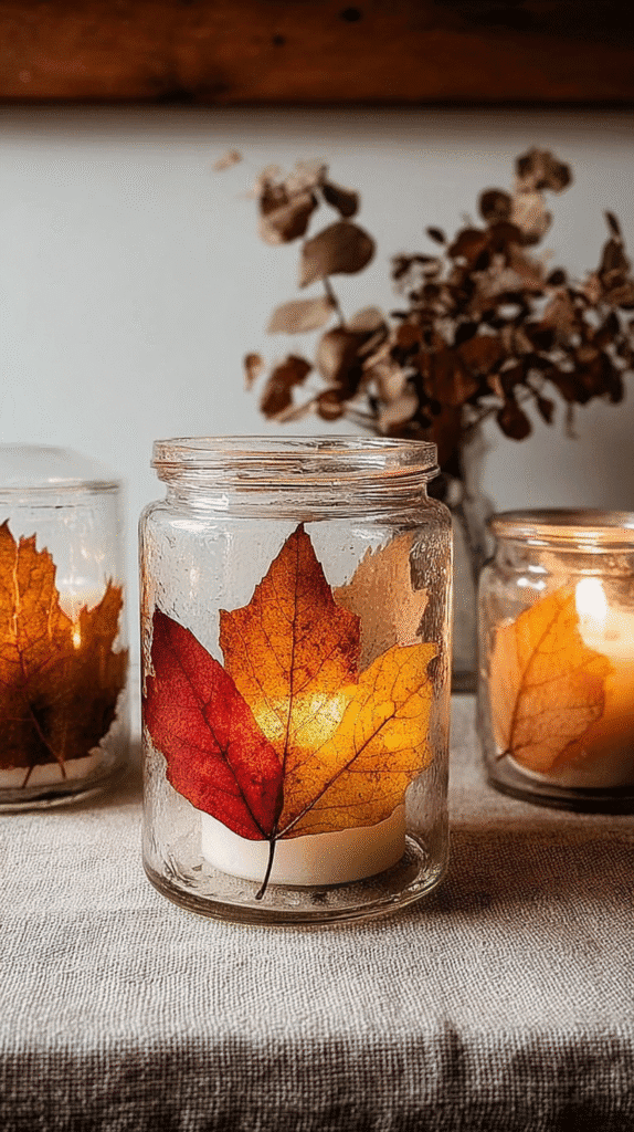 Autumn candles in glass jars with colorful leaves, creating a cozy fall ambiance on a textured tablecloth.