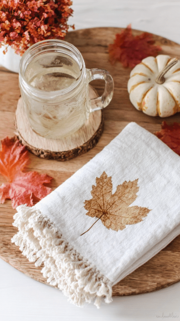 Autumn-themed decor: glass mug on wood coaster, white napkin with leaf, small pumpkin, and fall leaves. Cozy setup.