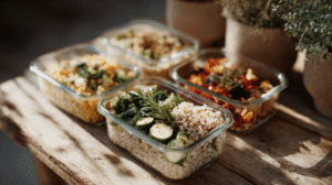 Glass meal prep containers with healthy brown rice and vegetables on rustic wood table.