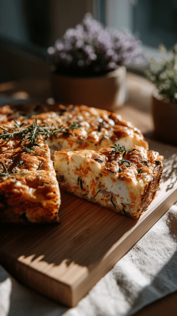 Cheese and herb frittata on a wooden board with a slice cut, garnished with fresh rosemary.