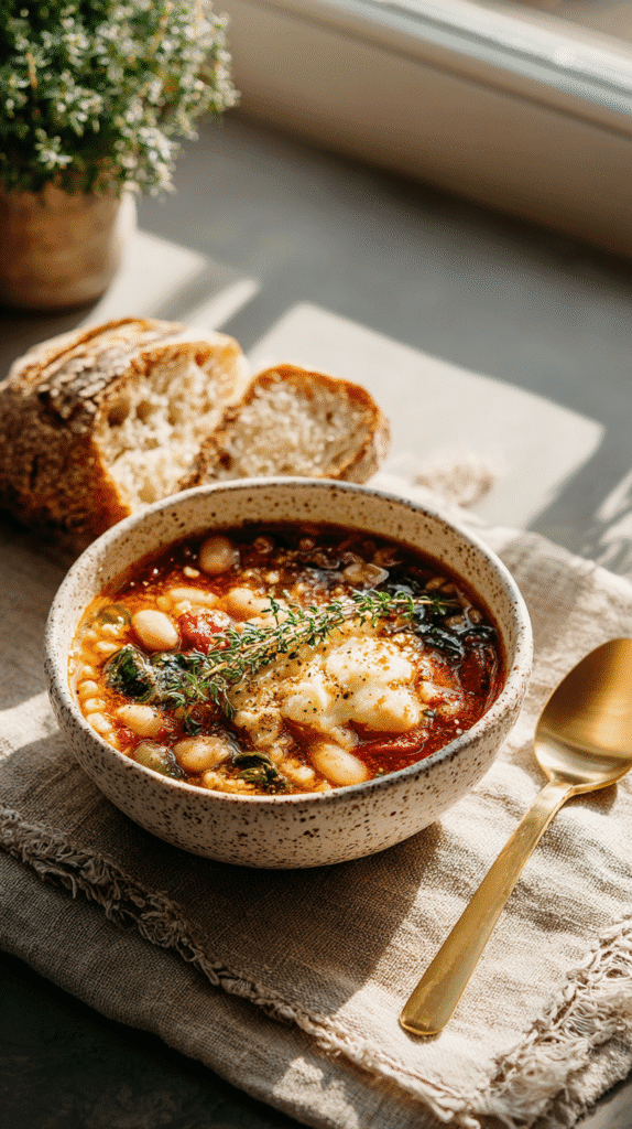 Rustic bowl of vegetable stew with crusty bread on a linen cloth by sunlight, garnished with fresh herbs.