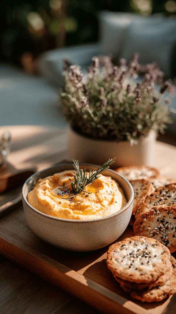 Creamy hummus with rosemary and olive oil, served with sesame crackers on a sunny outdoor table setting.