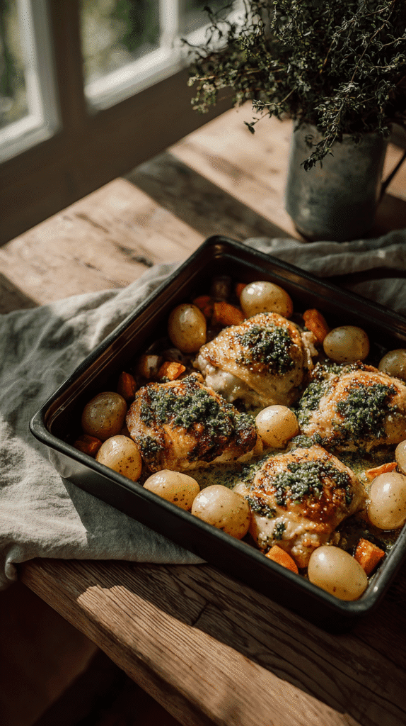 Roasted chicken thighs with herbs, baby potatoes, and carrots in a baking pan on a rustic wooden table.