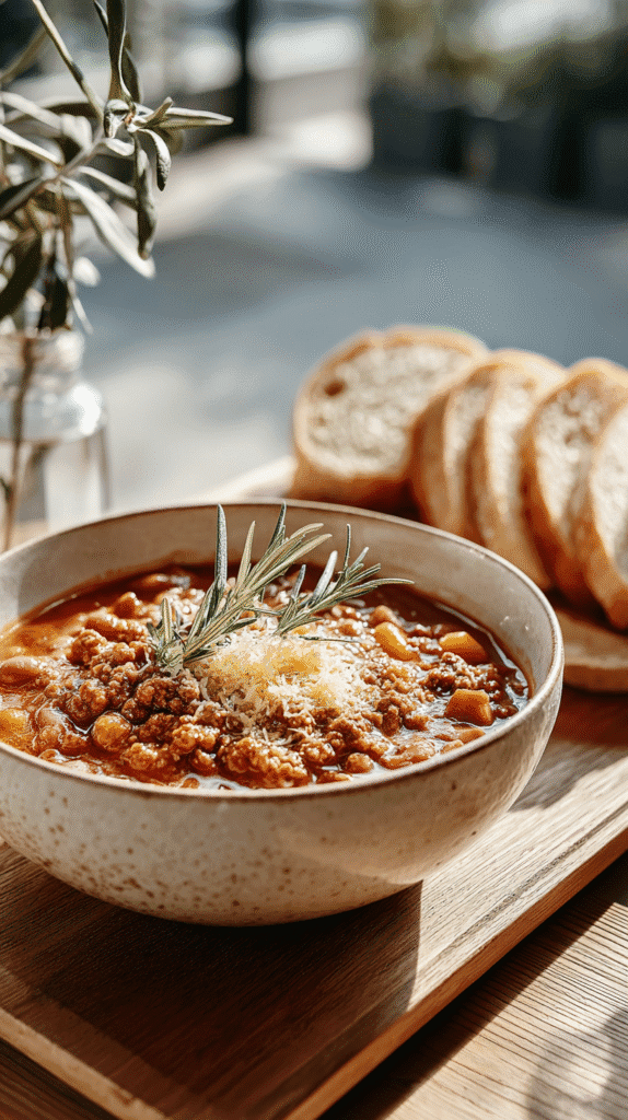 Hearty beef stew with cheese and rosemary in a rustic bowl, served with sliced bread on a wooden board.