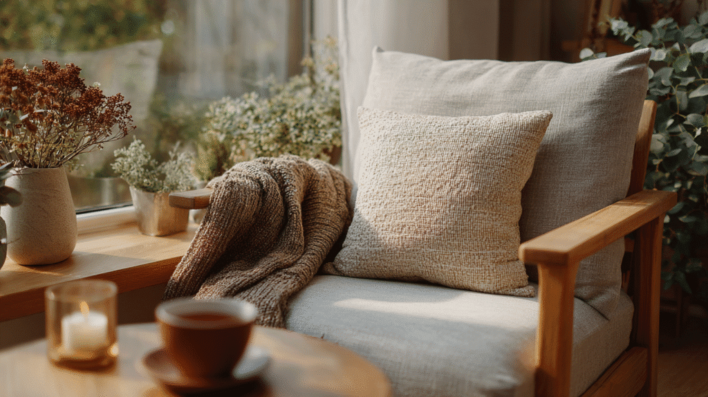 Cozy reading nook with a cushioned chair, soft throw, plants, candle, and a cup of tea by the window in warm light.