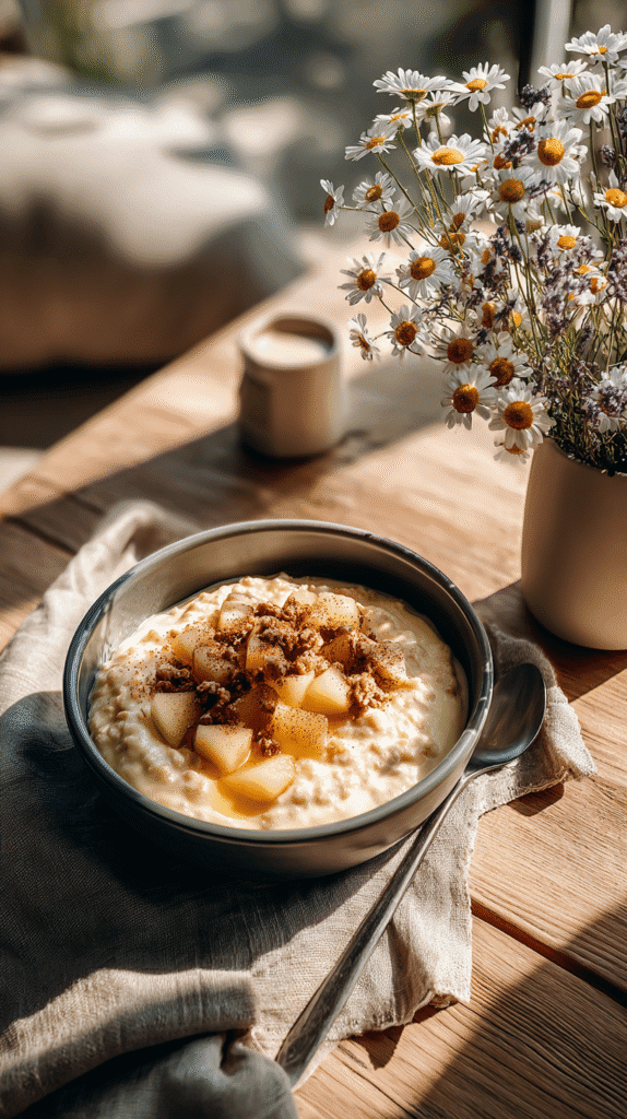 Creamy oatmeal topped with diced pears and granola, beside daisies on a wooden table in natural light.