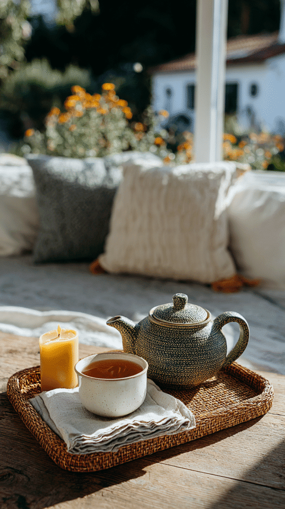 Cozy outdoor setup with tea, candle, and cushions on a wooden tray, perfect for relaxation and tranquility.