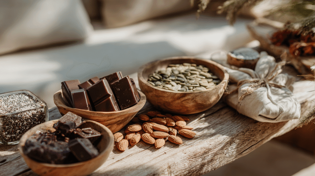 Assorted nuts, seeds, and chocolate displayed in rustic wooden bowls on a wooden table, sunlit ambiance.