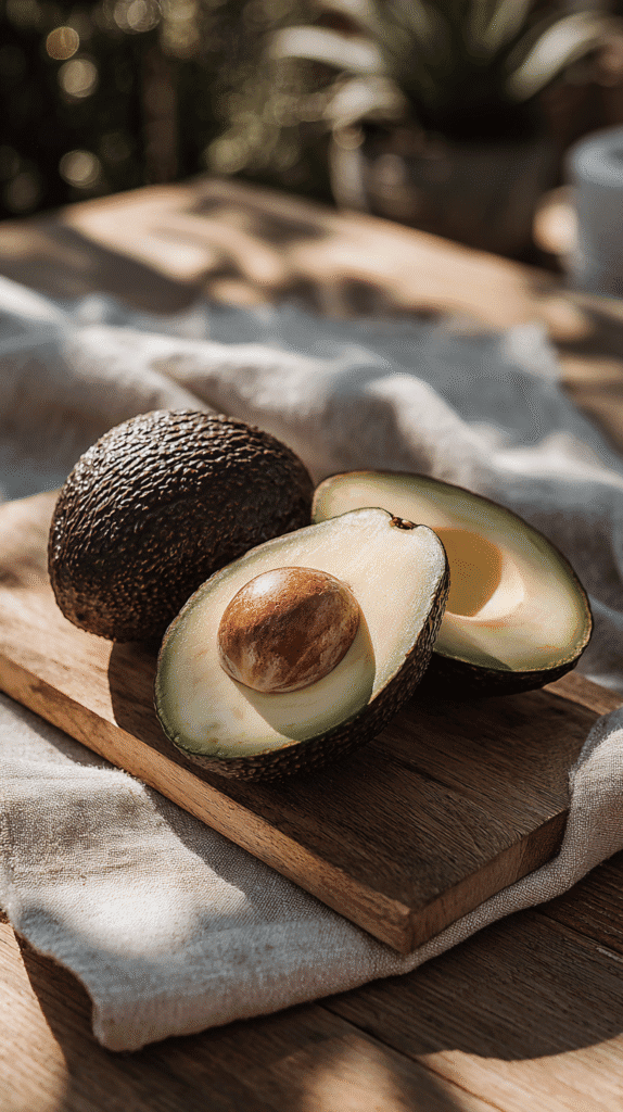 Fresh avocado halves on a wooden board with a pit, captured in natural light.