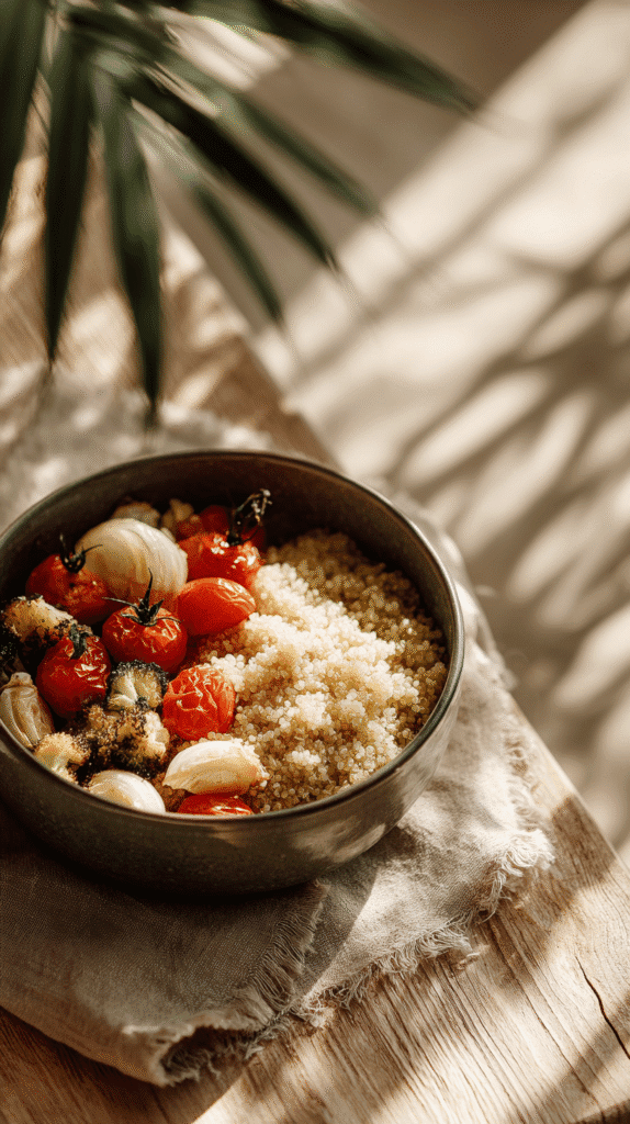 Bowl of quinoa with roasted tomatoes and onions on a rustic wooden table under soft natural light.