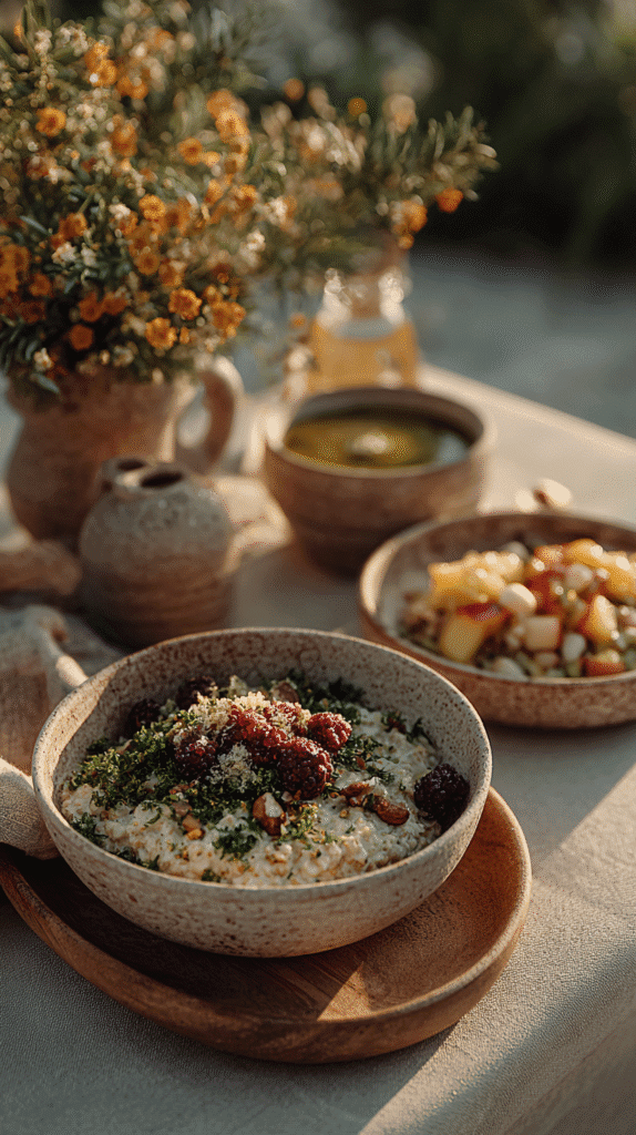 Healthy breakfast with oatmeal, berries, and nuts served outdoors on a sunny table with flowers and other dishes.
